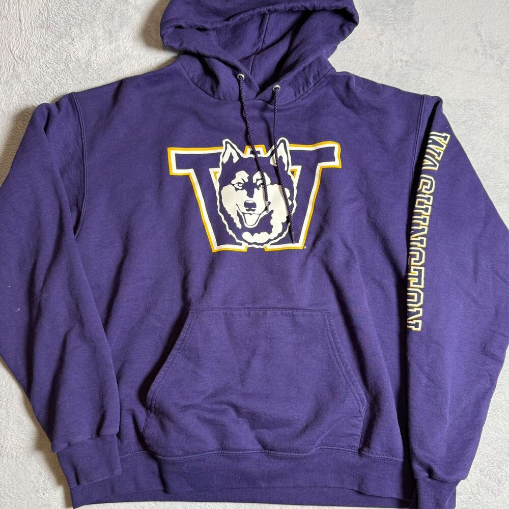 Washington Huskies Champion Purple Retro Logo Fleece Hoodie Sweatshirt Sz XL